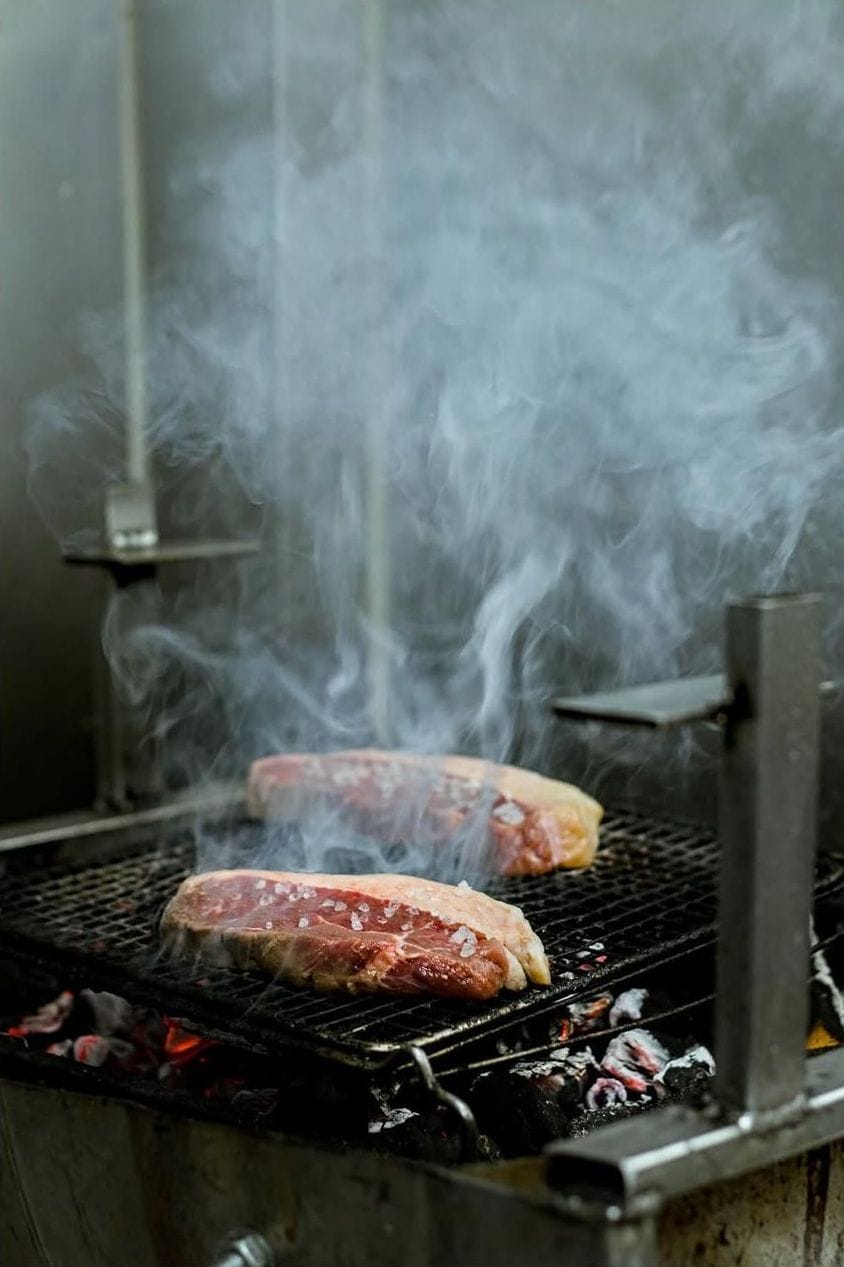 Carne en la parrilla entre humo